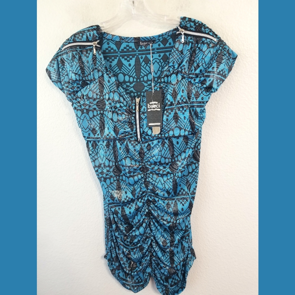 Bacci Blue Ruched Silver Zipper Top New